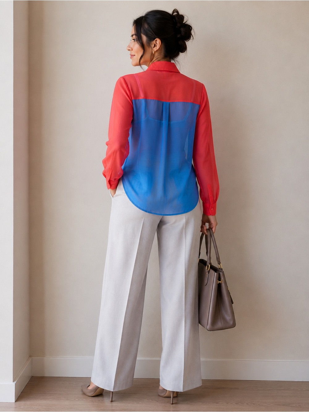 Jealous tomato Sheer Colorblock Button-Up Blouse Red Blue Gray Retro Office Top - Picture 4 of 15